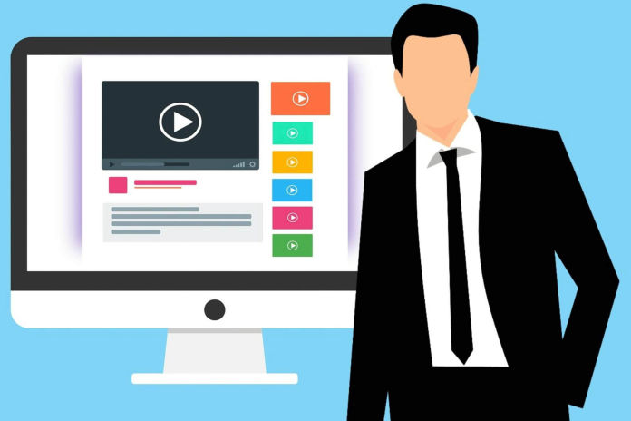 Grafische Darstellung eines Mitarbeiters vor seinem Computer: Moderne Marketingfilme und Erklärvideos aller Formate Mockup, Canvas, etc. für Facebook, Instagram, Linkedin, Pinterest  usw.